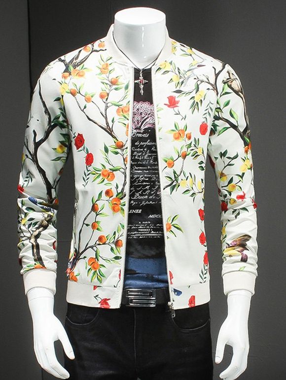 Pied de col Plus Size Floral 3D et imprimé oiseaux manches longues hommes d  'Jacket - Blanc Cassé 5XL