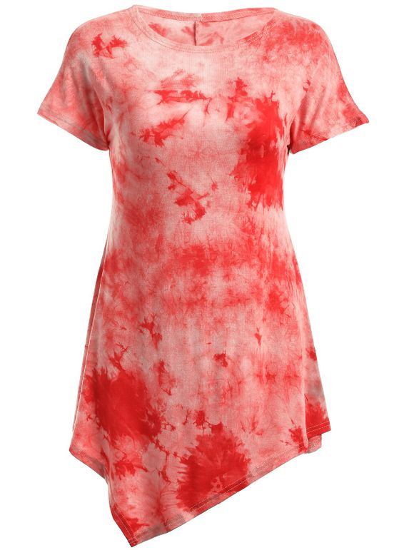 Tie-Dyed Short Sleeve Asymmetric T-Shirt - Rouge XL