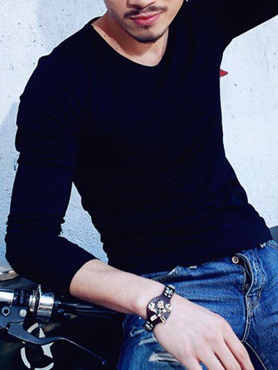 

Round Neck Long Sleeve Solid Color T-Shirt For Men, Black