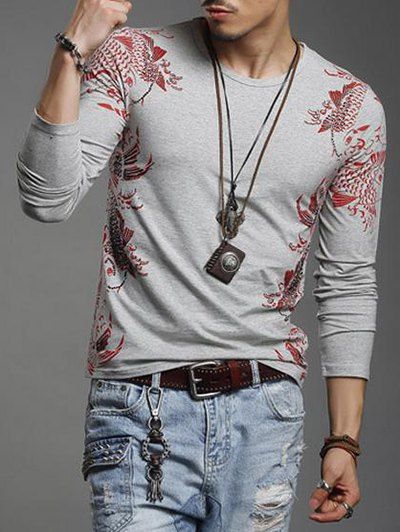 Mode Imprimé Slim Fit manches longues T-shirt pour les hommes - Gris M
