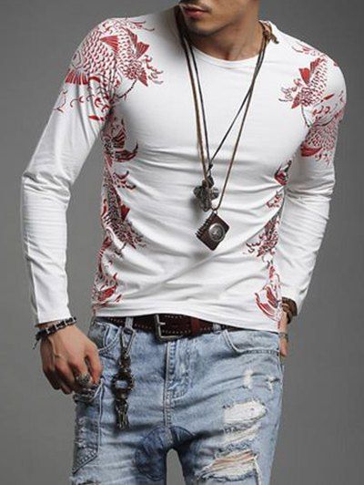 

Fashionable Printed Slim Fit Long Sleeves T-Shirt For Men, White