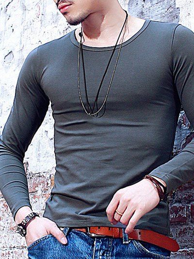 

Round Neck Long Sleeve Solid Color T-Shirt For Men, Deep gray