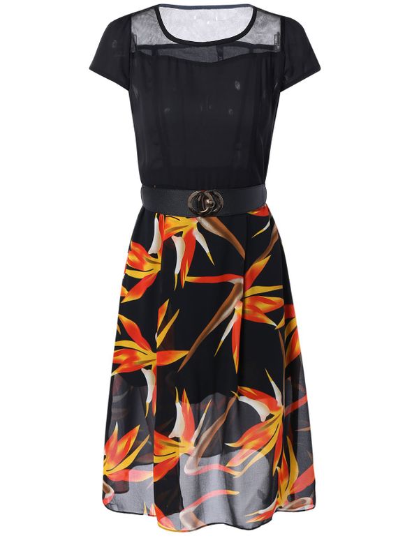 Chic See-Through Printed Chiffon Dress - Noir L