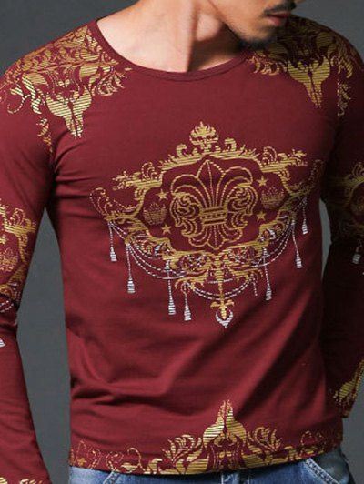 

Round Neck Hot Stamping Printing Men's Long Sleeve T-Shirt, Claret