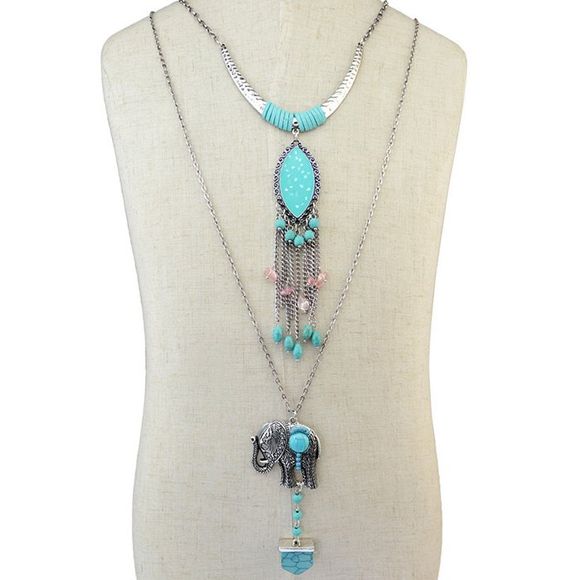Vintage Faux Turquoise Elephant Fringe Necklace Layered pour les femmes - Argent 