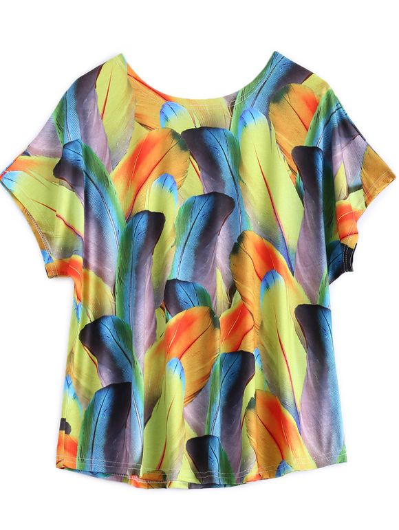 T-shirt Lâche Imprimé Plume Coloré Grande Taille - multicolore 3XL