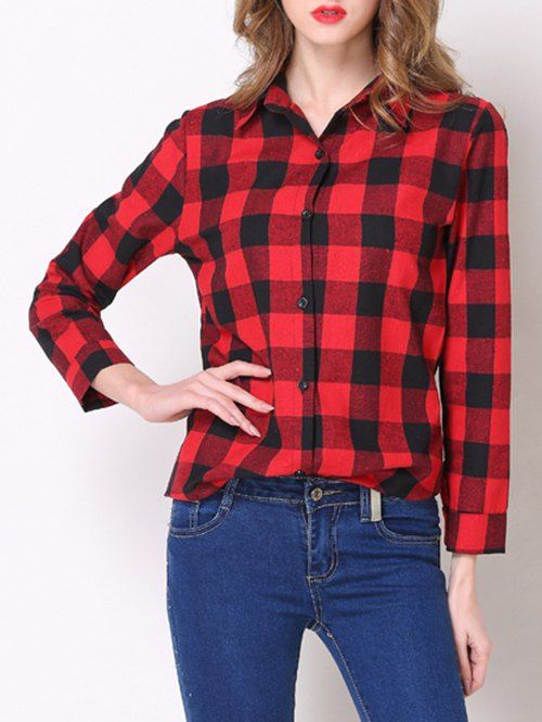 Chemise Branchée à Carreaux avec Bouton Design Pour Femme - Rouge 2XL