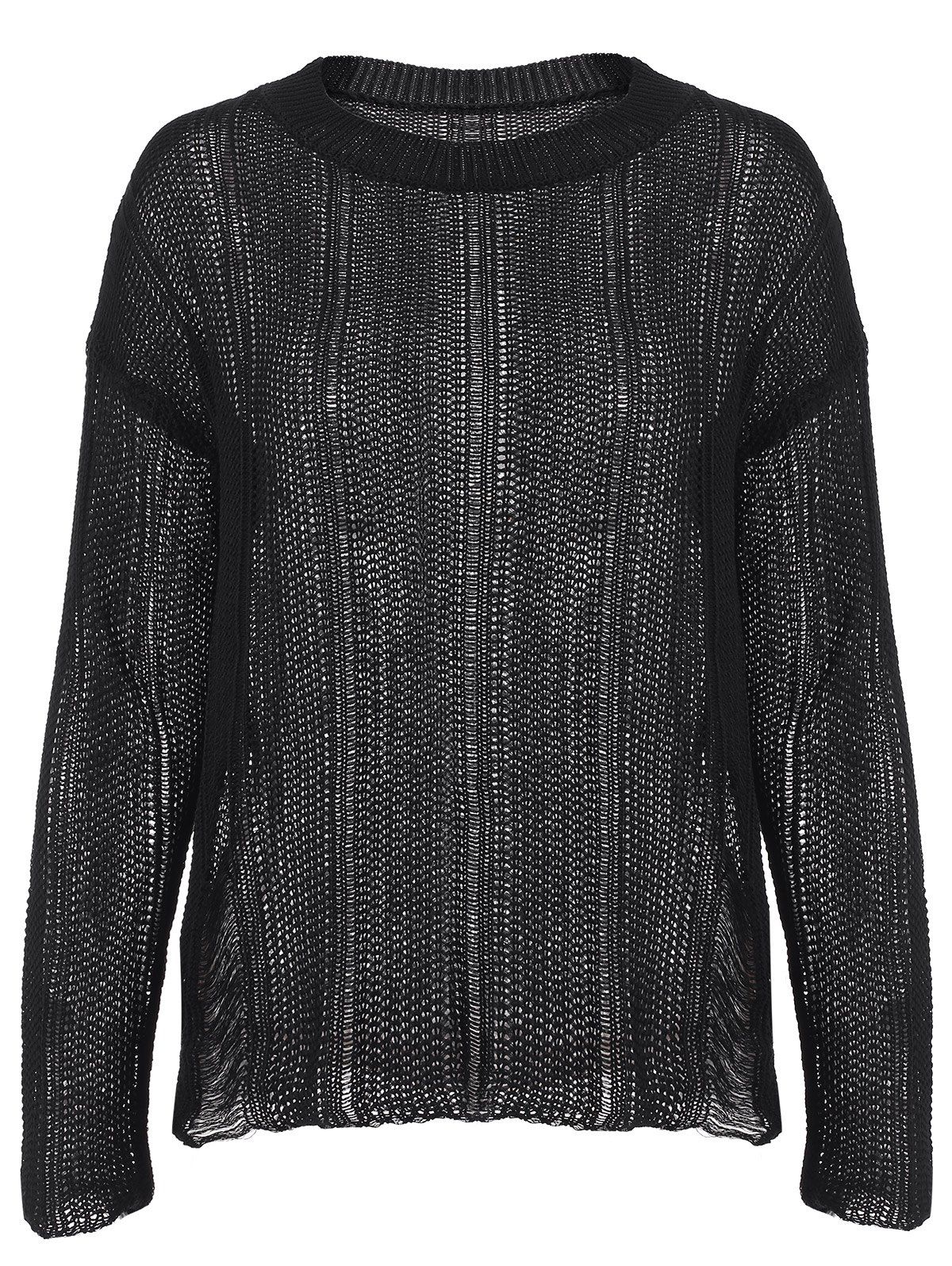 

Crochet Ripped Long Sleeve Jewel Neck Sweater, Black