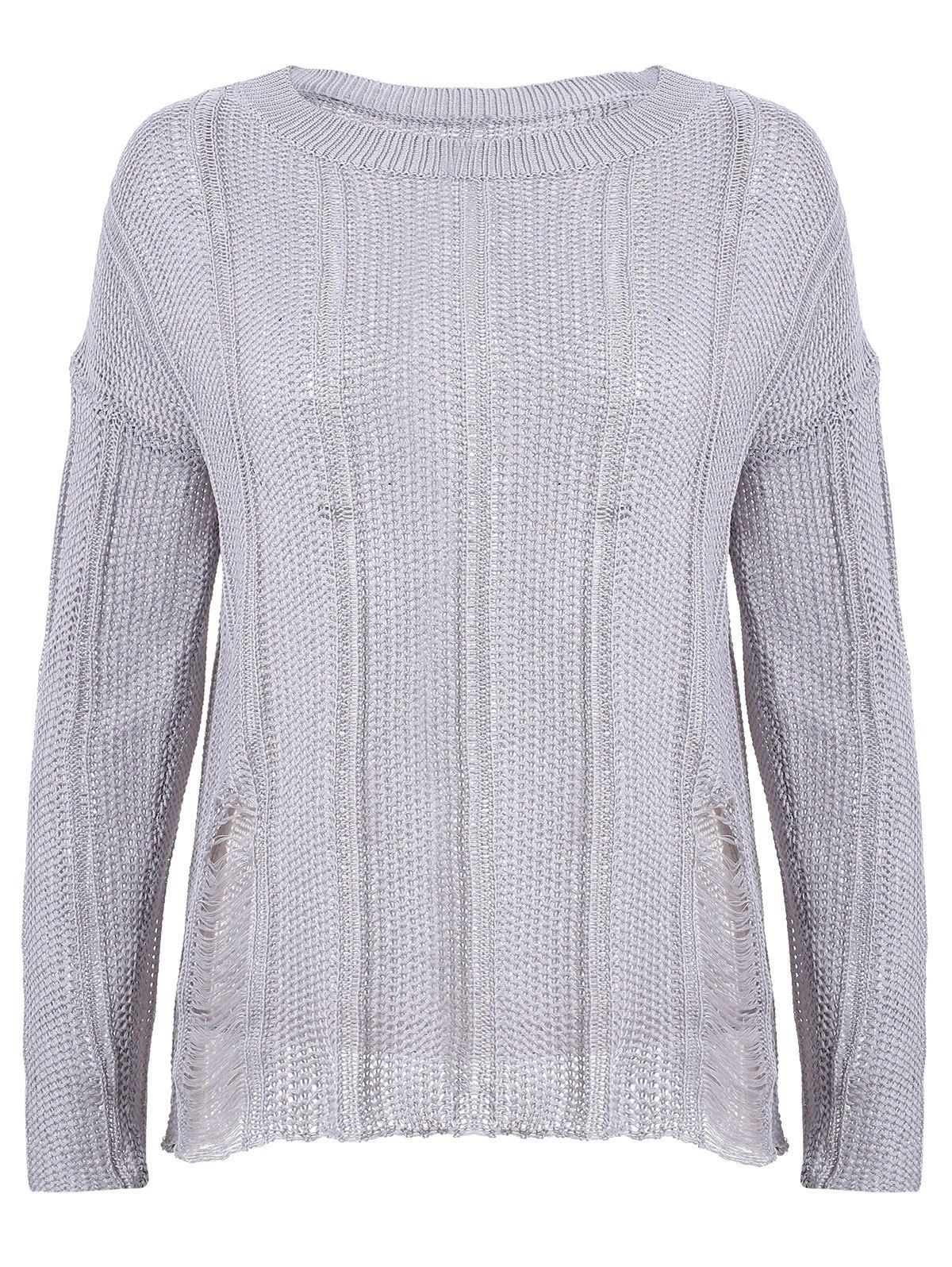 

Crochet Ripped Long Sleeve Jewel Neck Sweater, Gray