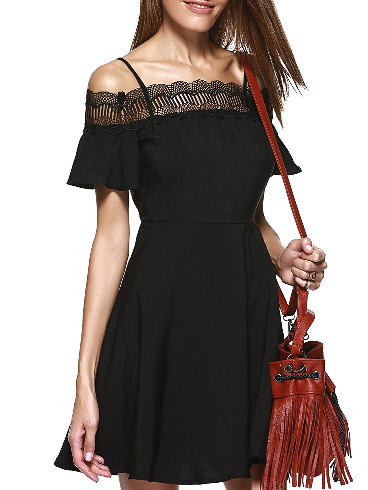 2018 Stylish Womens Spaghetti Strap Lace Panelled A Line Cold Shoulder Dress Black M In Dresses 