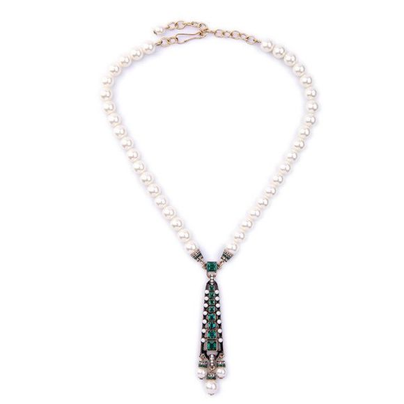Collier avec pendentif style rétro Faux Perle Stras géométrique pour les femmes - Blanc 