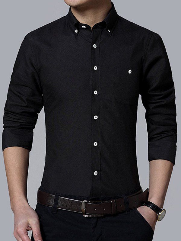 

Pocket Design Plus Size Turn-Down Collar Button-Down Men's Shirt, Black