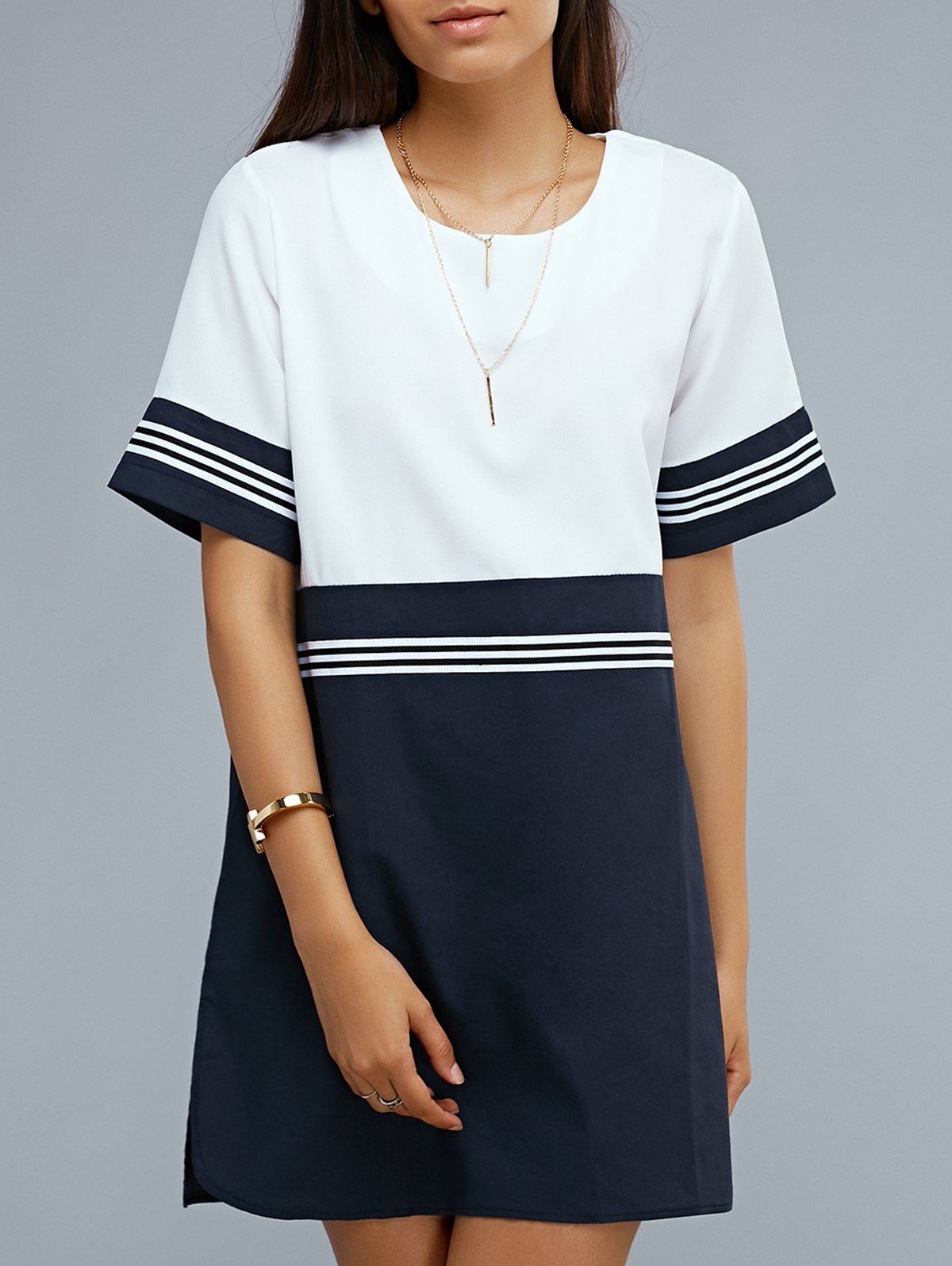 

Hit Color Short Sleeve Loose Dress, Purplishblue + white