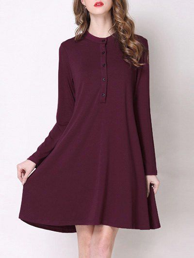 

Trendy Stand Collar Button Design Pure Color Women's Dress, Wine red