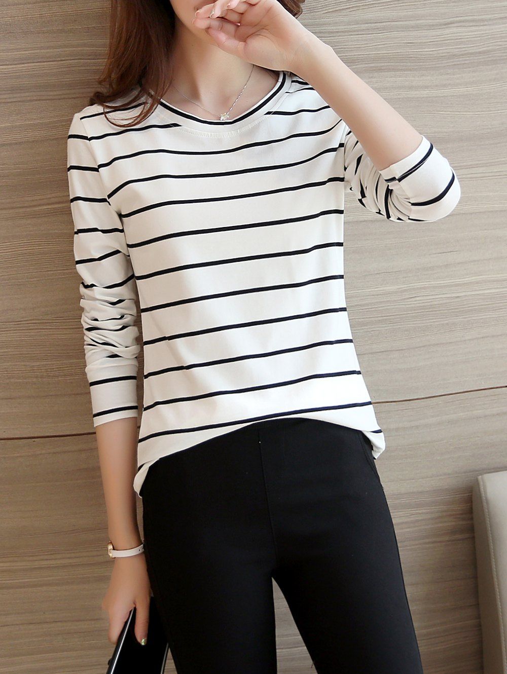 

Casual Long Sleeve Striped Tee, White