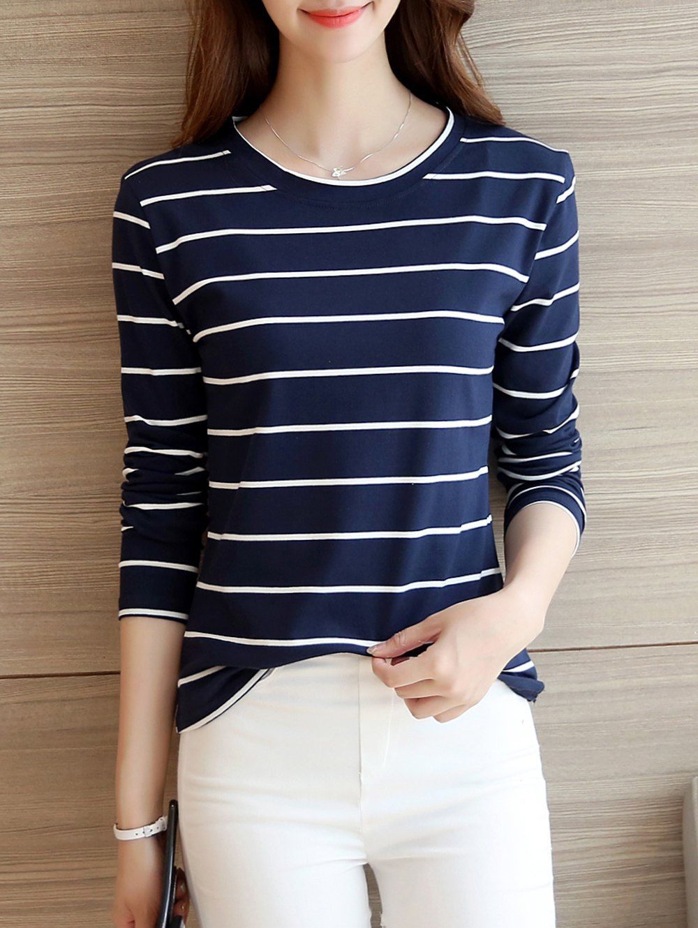 

Casual Long Sleeve Striped Tee, Deep blue