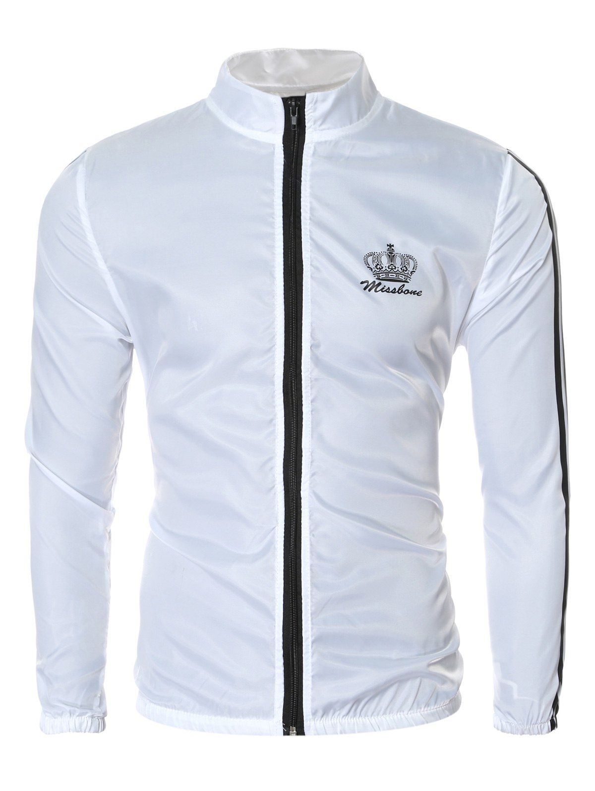 

Crown Print Zip Up Elastic Cuff Stand Collar Men's Jacket, White