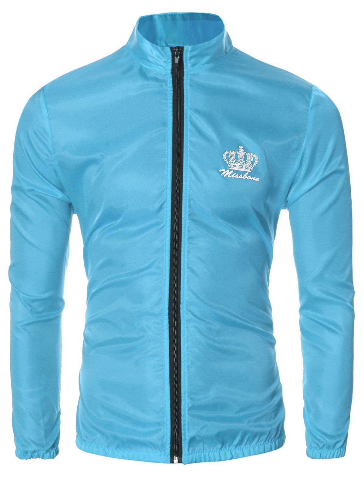 

Crown Print Zip Up Elastic Cuff Stand Collar Men's Jacket, Lake blue