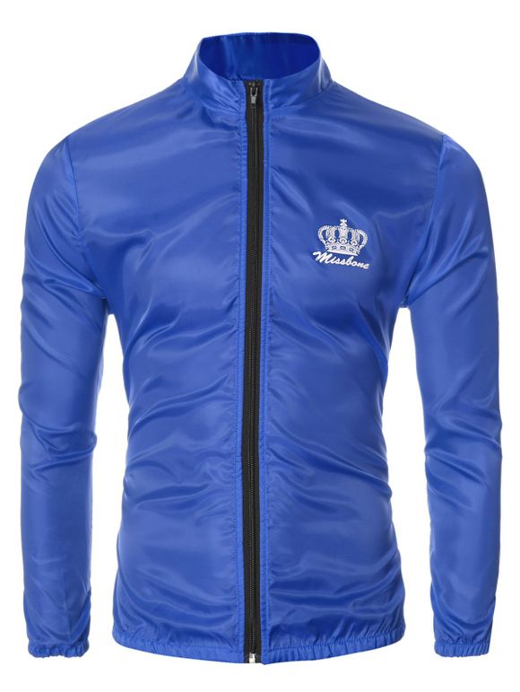 Crown Print Zip Up Elastic Cuff stand de Collar Men  Jacket - Bleu Saphir M