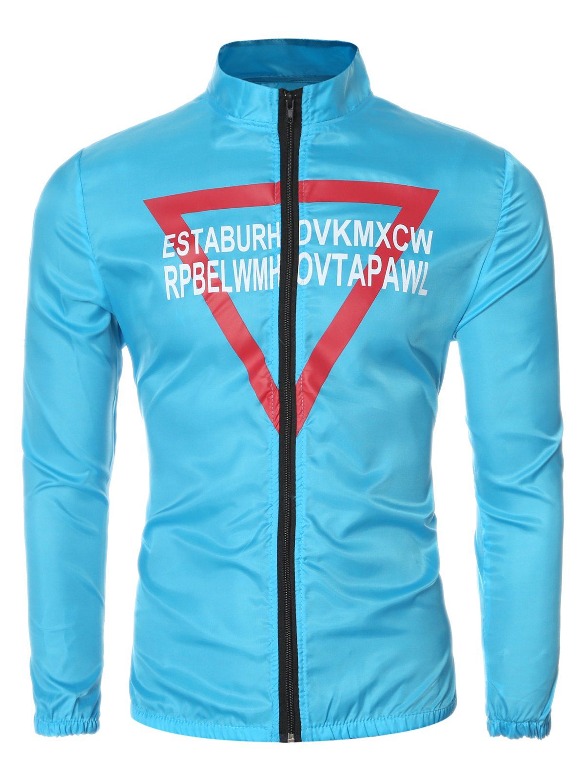 

Letter Triangle Print Zip Up Elastic Cuff Stand Collar Men's Jacket, Lake blue