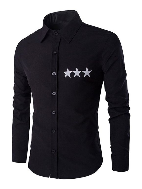 Étoile Motif solide Hommes Couleur  's col de chemise à manches longues T-shirt - Noir XL
