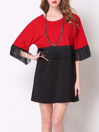 

Charming 3/4 Sleeve Color Block Fringed Women's Dress, Red with black