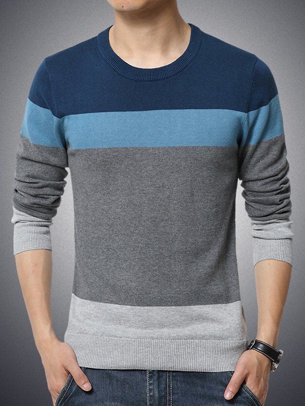 

Color Block Splicing Round Neck Long Sleeve Men's Sweater, Blue