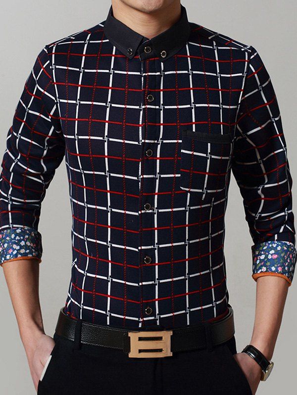 

Checked Print Fleece Turn-Down Collar Long Sleeve Button-Down Men's Shirt