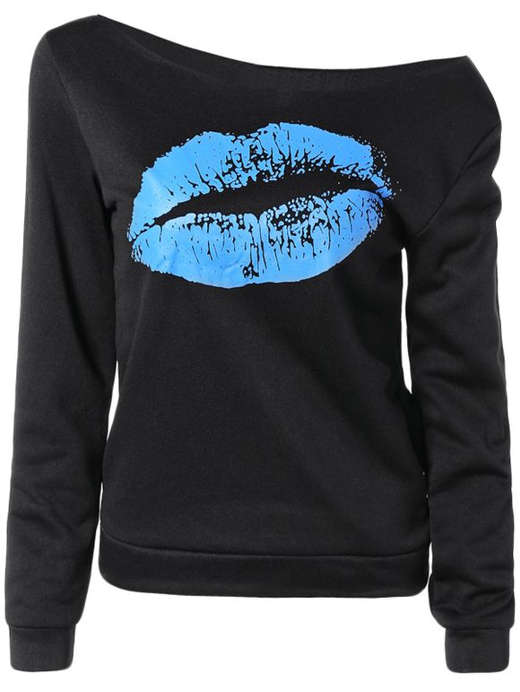 Oblique Shoulder Long Sleeve Lip Print Women T-Shirt - BLUE L