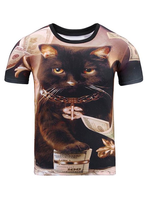 Cat 3D Print Round Neck Men  's manches courtes T-shirt - Brun 2XL