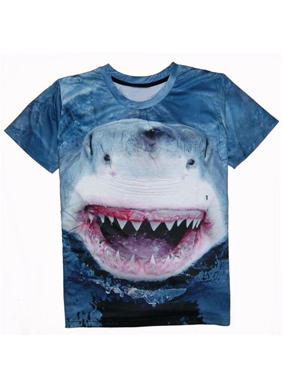 T-shirt Homme Imprimé Requin 3D à Col Rond à Manches Courtes - Bleu profond XL
