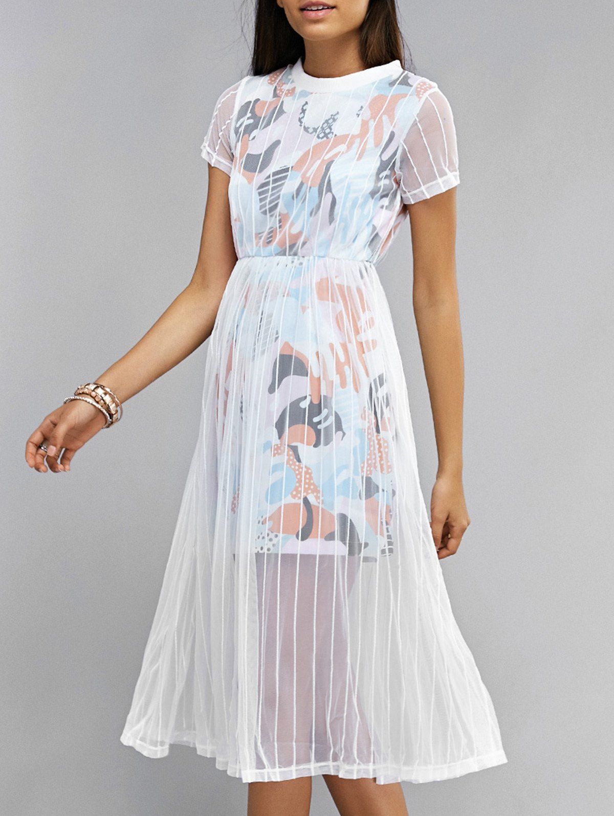 

Voile Splicing Short Sleeve Printed Dress, White