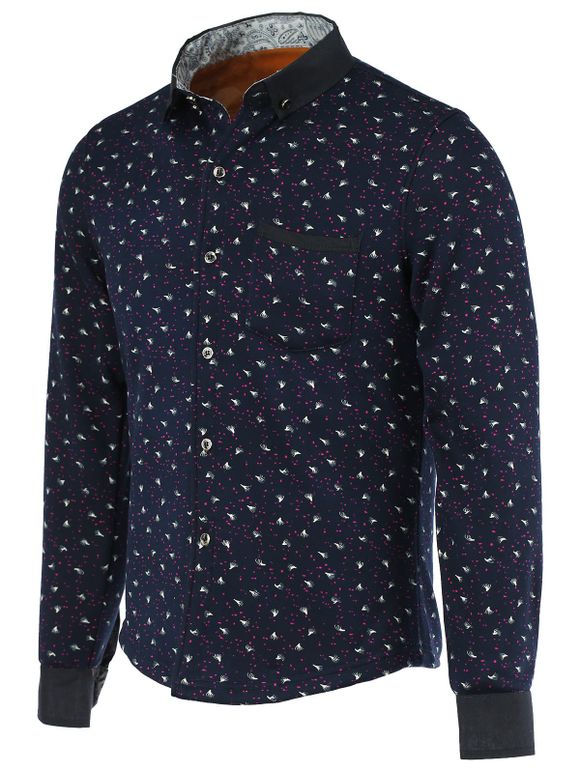 Ink Dot and Feather Print Fleece Turn-Down Collar manches longues bouton-Down Men 's  Shirt - Cadetblue L