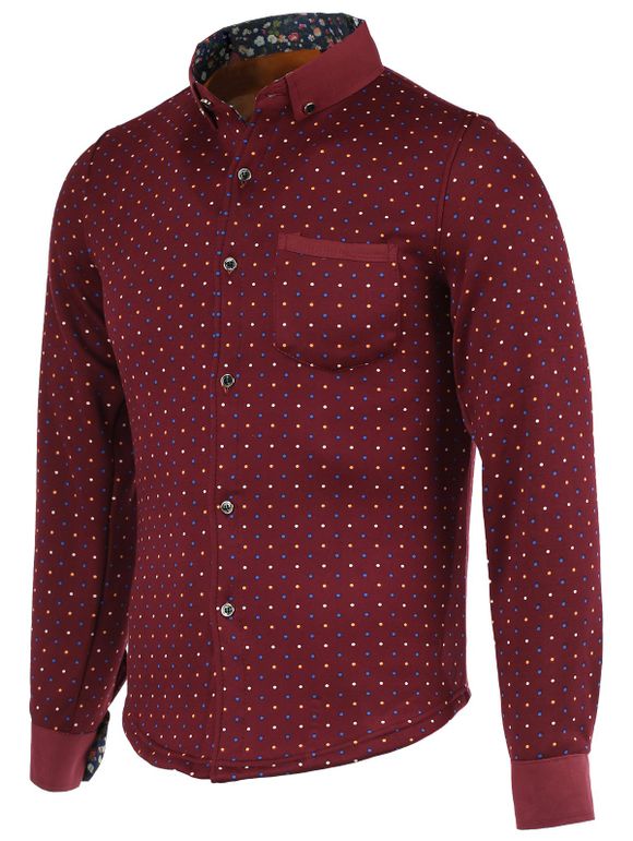 Polka Dot Print Fleece Turn-Down Collar Long Sleeve Button-Down Men's Shirt - Rouge XL