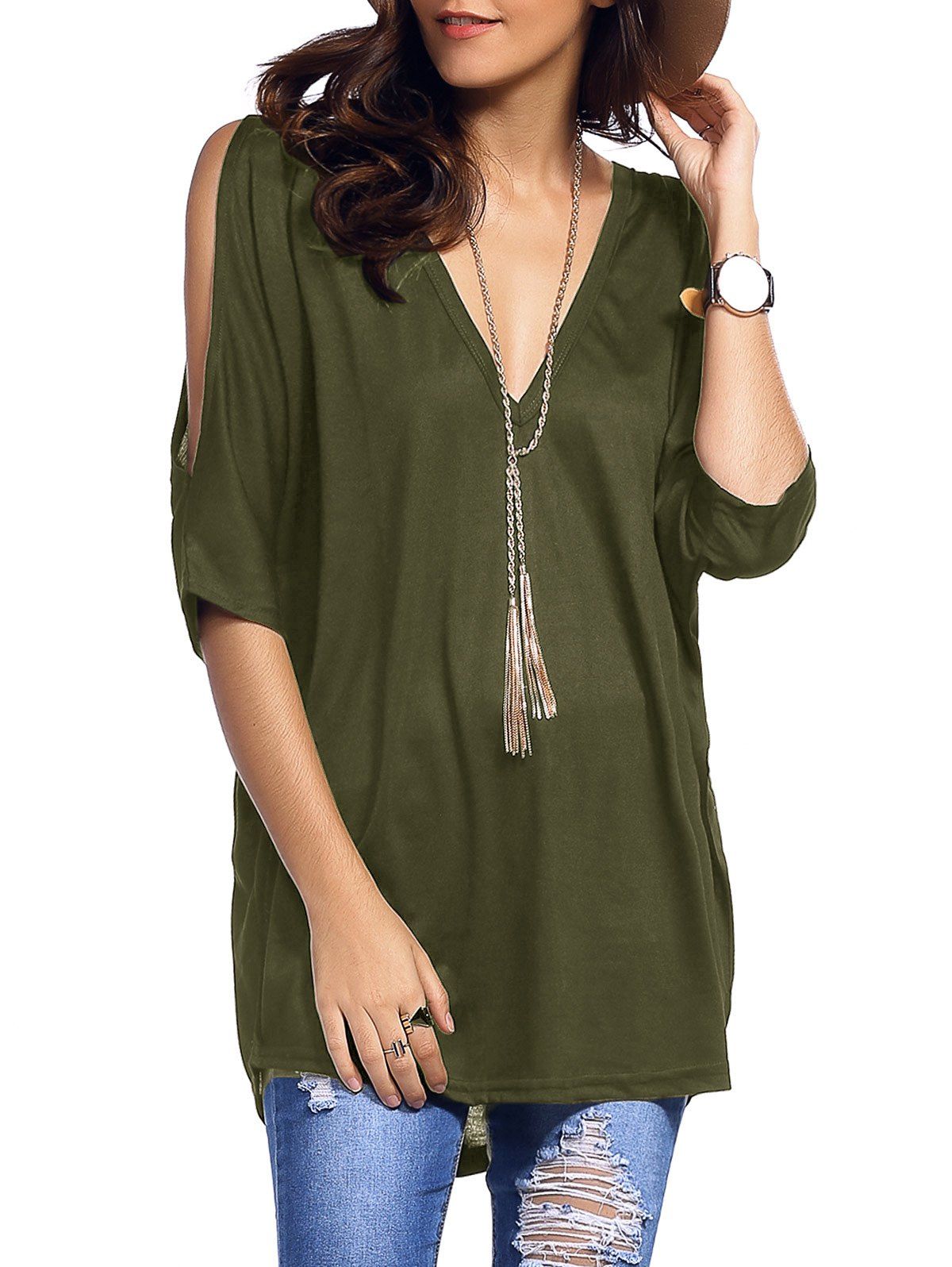 [41% OFF] 2021 Plunging Neck Cold Shoulder Asymmetrical T-Shirt In ARMY ...