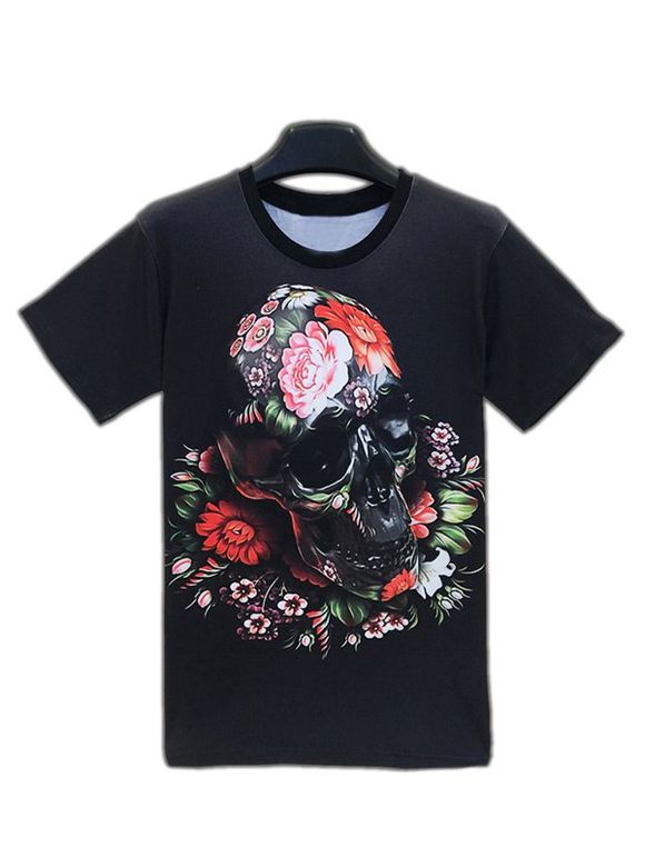 Skull Floral 3D Print Round Neck Men  's manches courtes T-shirt - Noir 2XL