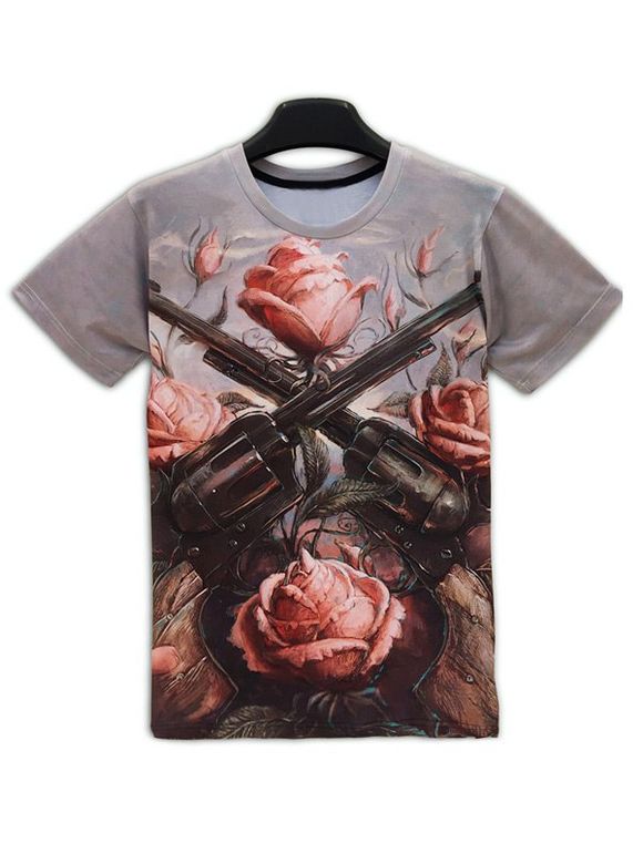 Guns Floral 3D Print Round Neck Men  's manches courtes T-shirt - Gris 2XL