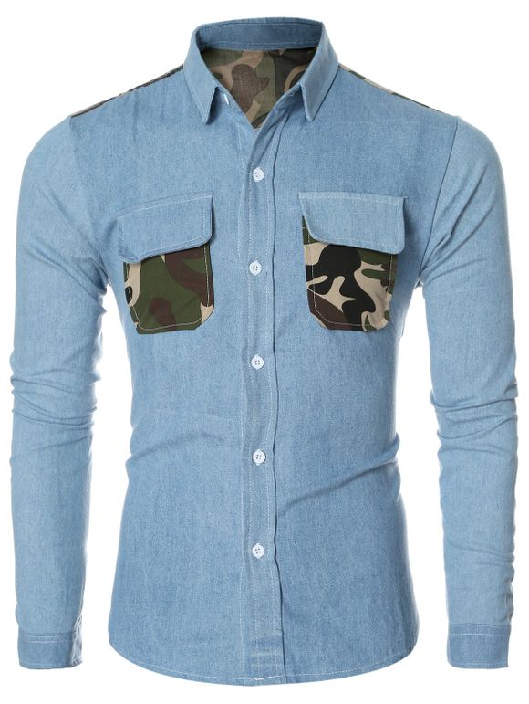 Fashion Camo poches design col rabattu manches longues Chemise en jean pour les hommes - Bleu clair XL