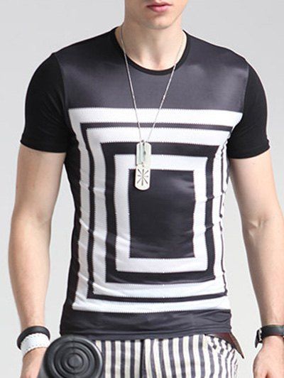 T-shirt imprimé géométrique col rond manches courtes hommes s ' - Noir 3XL
