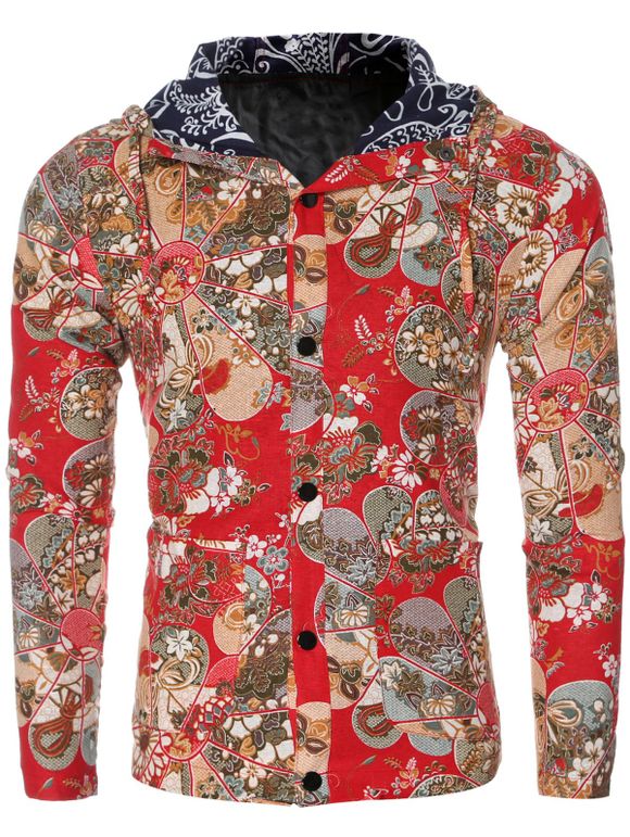 Fleur ethnique Imprimer Floral Lining Shirt Design manches longues à capuche pour les hommes - Rouge 2XL