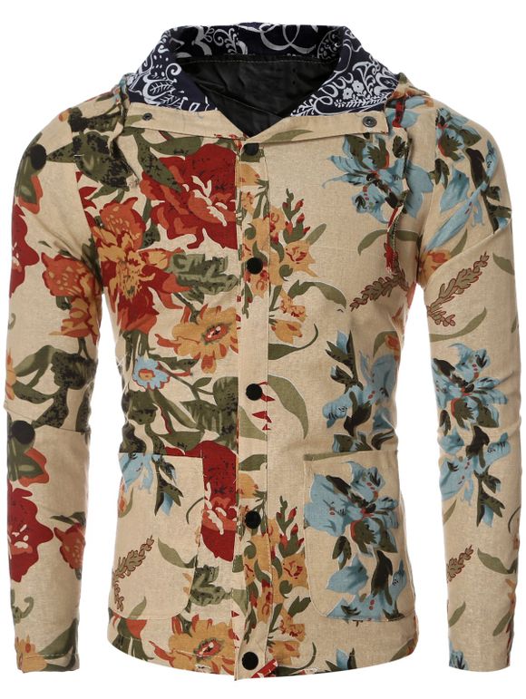 Fleur Vintage Imprimer Floral Lining Shirt Design à capuche manches longues pour les hommes - Kaki 2XL