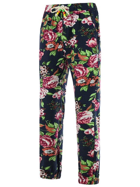 Pantalon 3D Flower Print Lace-Up Poutre Feet Cotton + Linen Men  's - multicolore 2XL