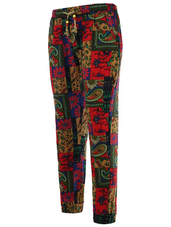 Pantalon Pieds style ethnique Paisley Print Lace-Up Poutre Cotton + Linen Men  's - multicolore 2XL