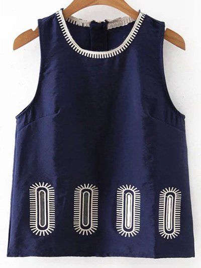 

Stylish Round Collar Embroidery Women' Tank Top, Cadetblue