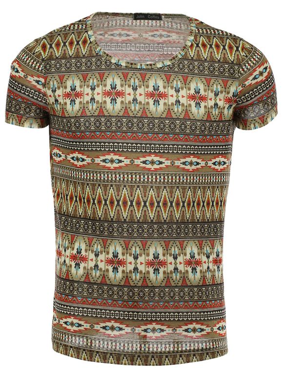 T-shirt de style ethnique motif géométrique col rond manches courtes hommes s ' - Rouge XL