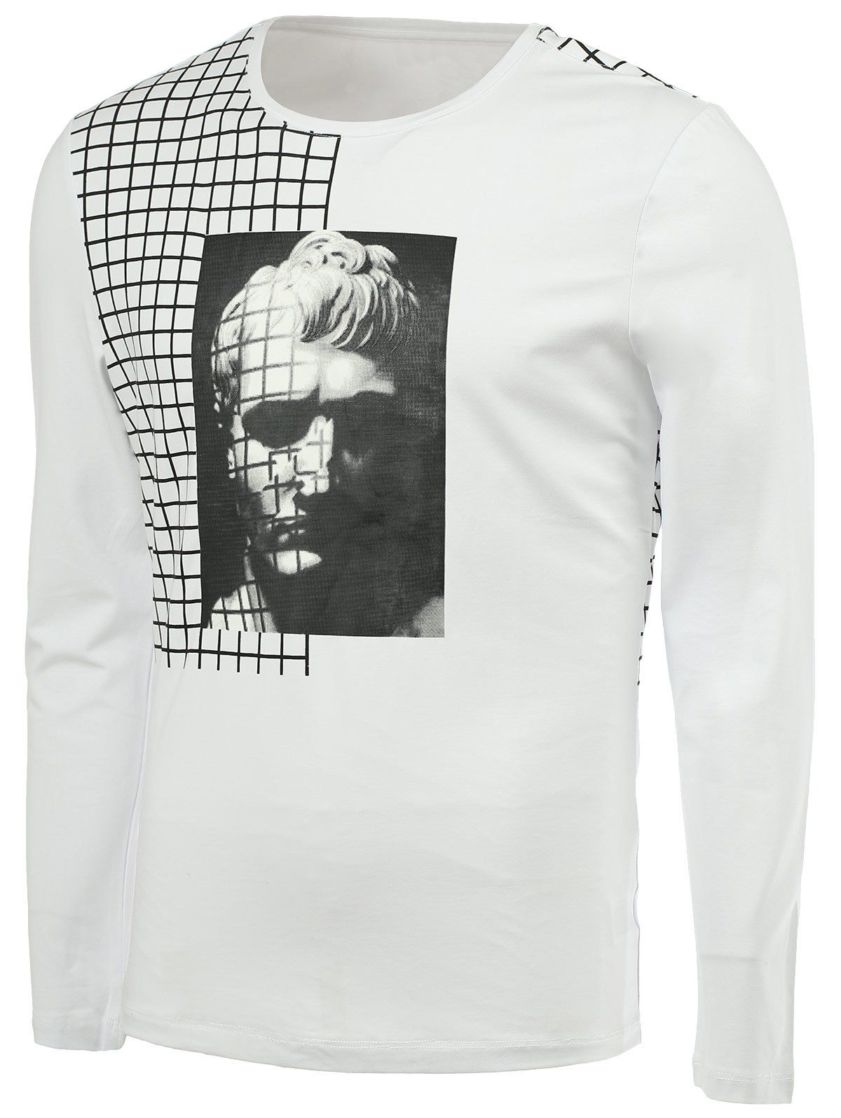 

Western Style Round Neck 3D Figure Plaid Printing Slimming Men's Long Sleeves T-Shirt, White