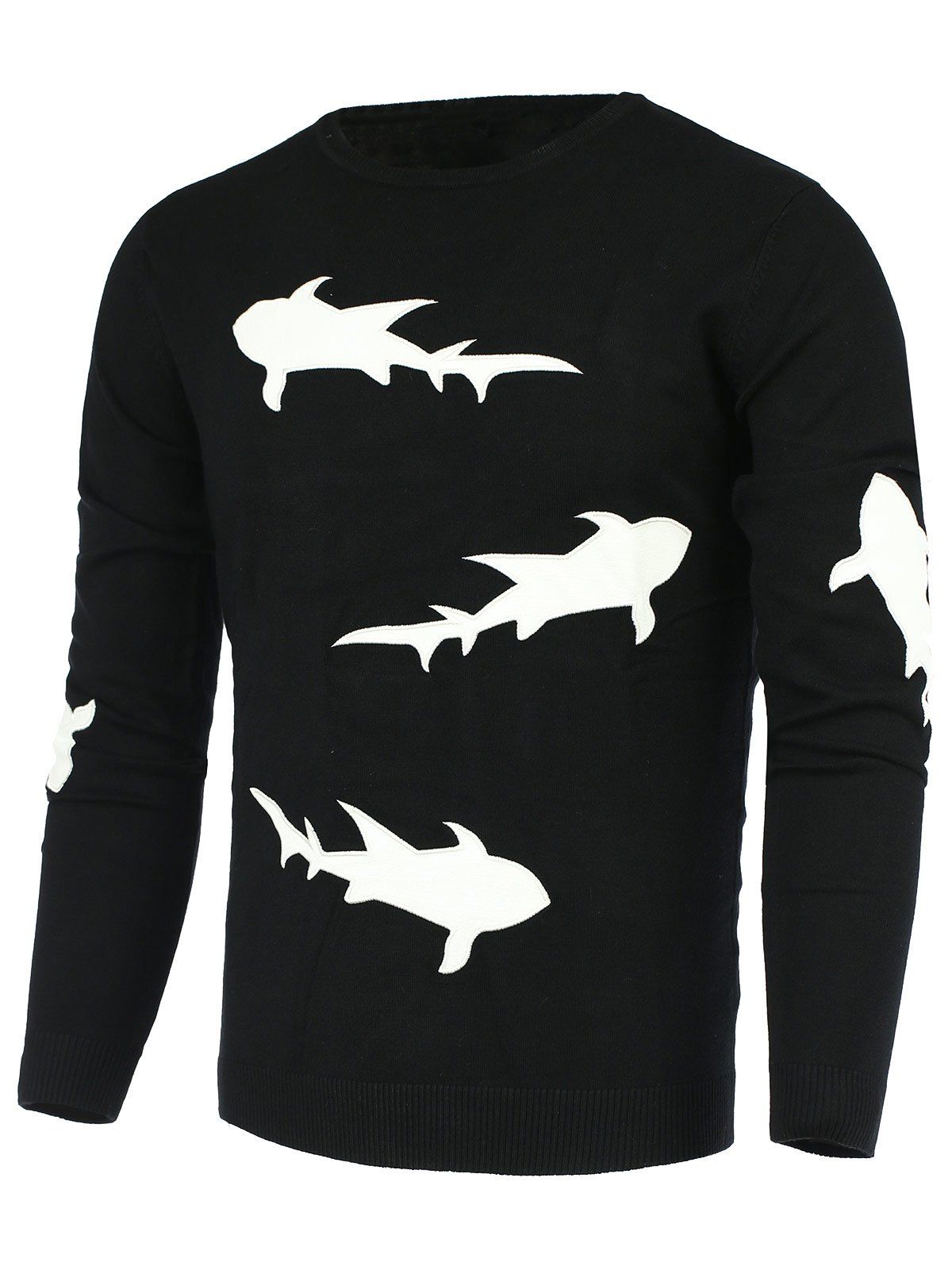 

Laconic Round Neck 3D Shark Pattern Slimming Men's Long Sleeves Sweater, Black