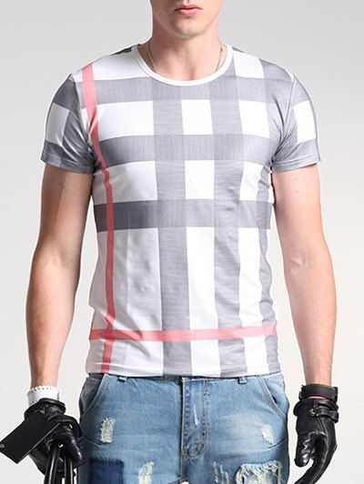 

Plaid Print Round Neck Short Sleeve Men's T-Shirt, White