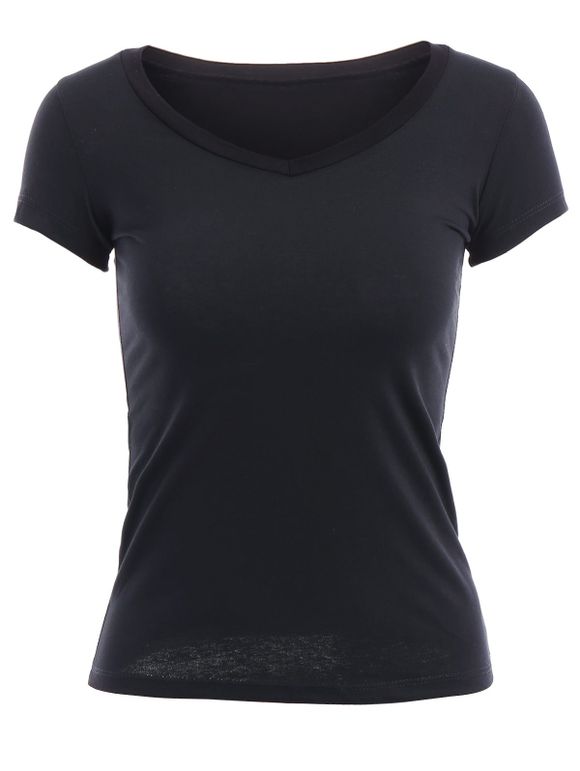 Cute V-Neck Short Sleeve Women's Solid Color T-Shirt - Noir L
