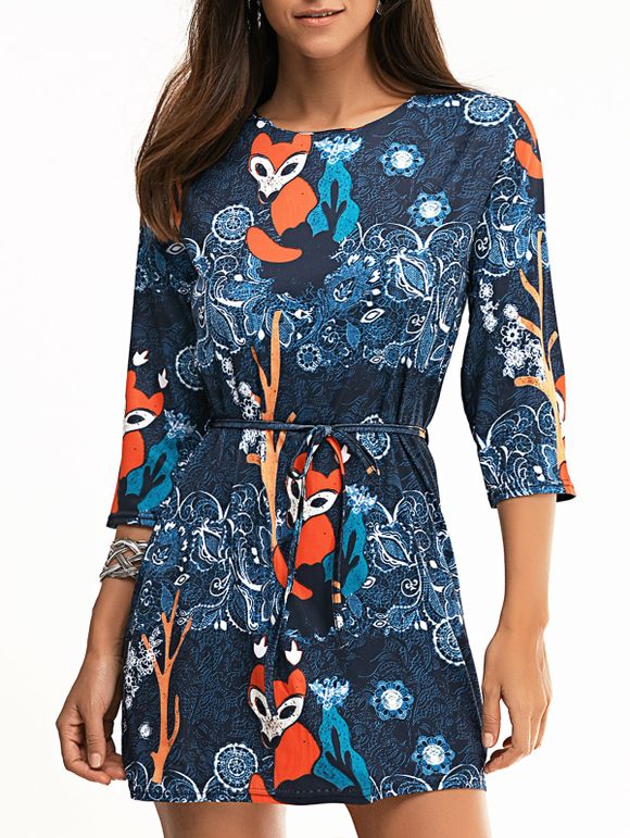 Jewel Neck 3/4 Sleeve Dress - Cadetblue XL
